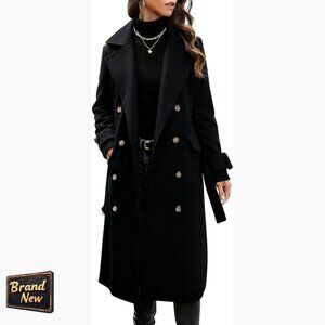 Women's Wool Pea Coat Double Breasted Trench with Belt Winter Warm